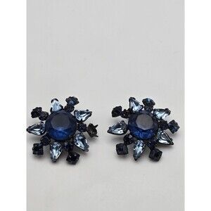 Vintage Signed Schreiner NY Earrings – Sapphire Blue Rhinestones Starburst...